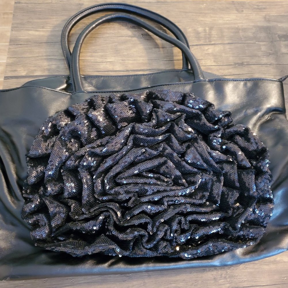 Poppie Jones Faux Leather Full Zip Tote with Large Sequin Flower
